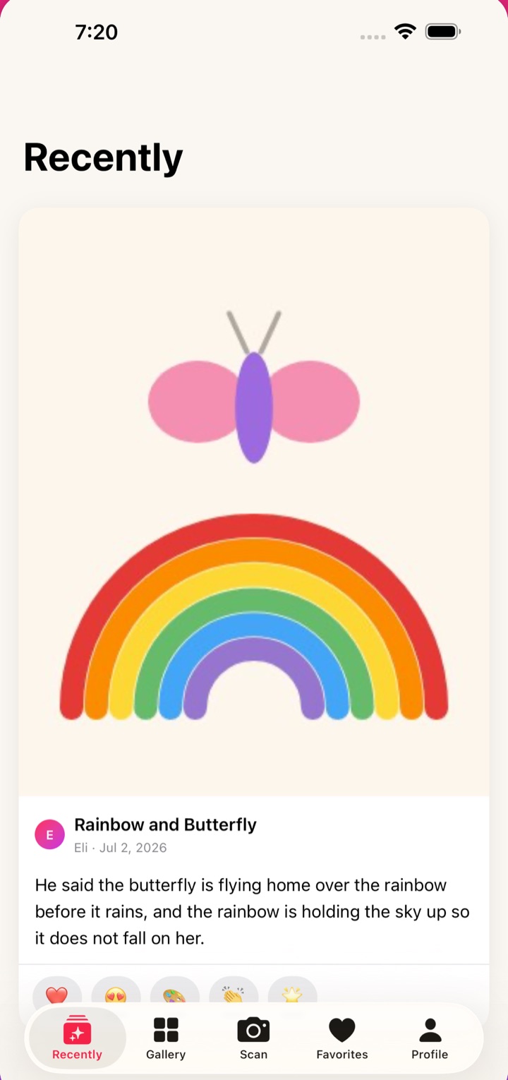 The KidCanvas family feed on iPhone, showing a rainbow and butterfly drawing with the story underneath